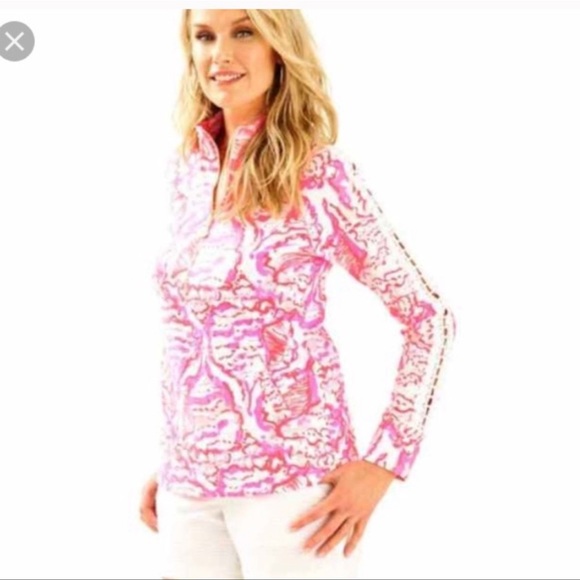 LILLY PULITZER CORAL REEF SKIPPER POPOVER LACE SLEEVE PULLOVER QUARTER ZIP PINK - Picture 2 of 10